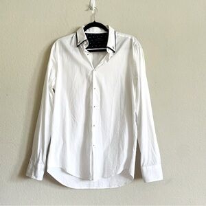 Zara Men's White Dress Shirt size L navy accents formal summer preppy night out